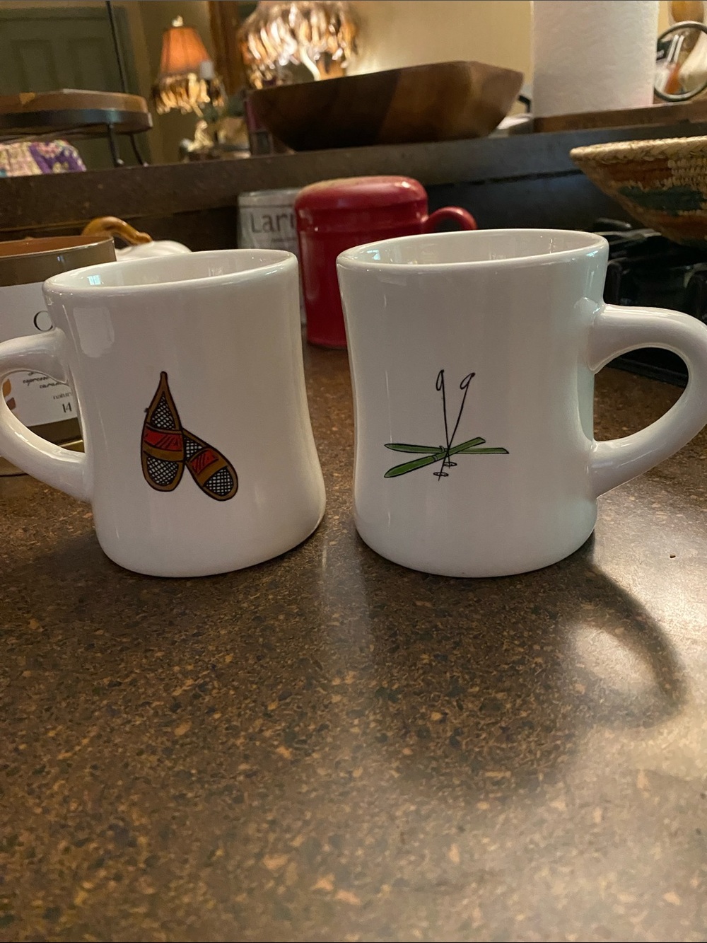 White Ceramic Decorative Coffee Mugs with Green and Multicolor Accents (2)